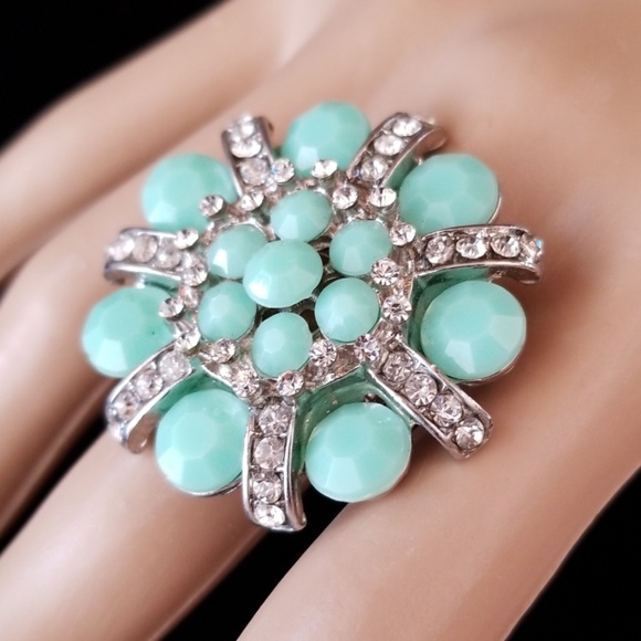 Vintage Aqua Bead and Clear Rhinestone Stretch Ring OS - Picture 5 of 10